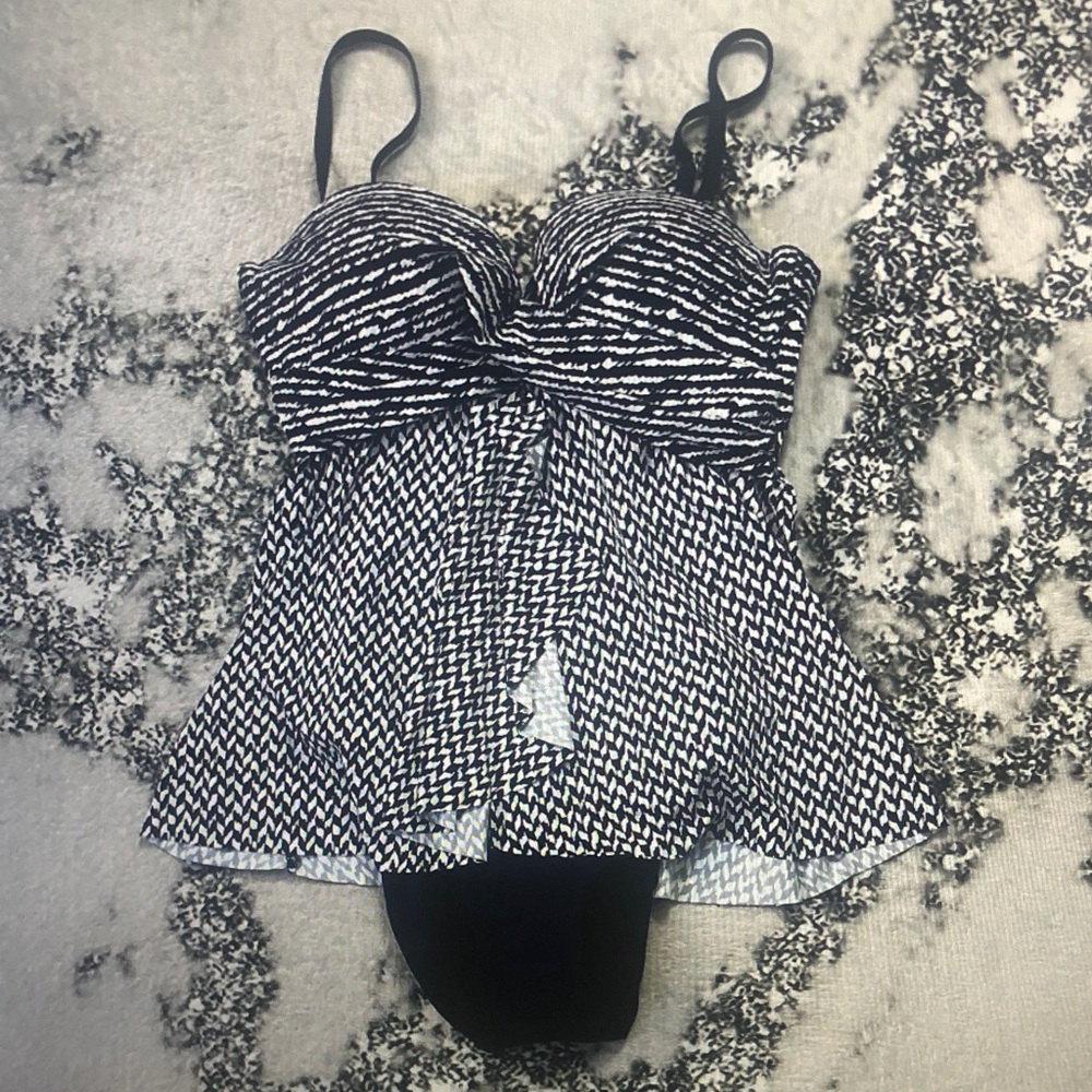 Girls Black & White Patterned One-Piece Swimsuit with Flounce